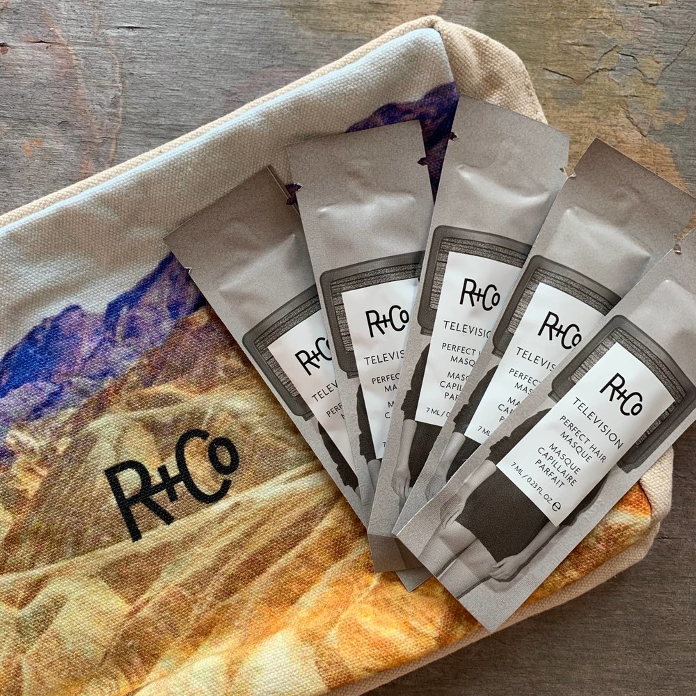 LOT OF 5 R+CO Television Perfect Hair Masque Mask + Cosmetic Toiletry Travel Bag